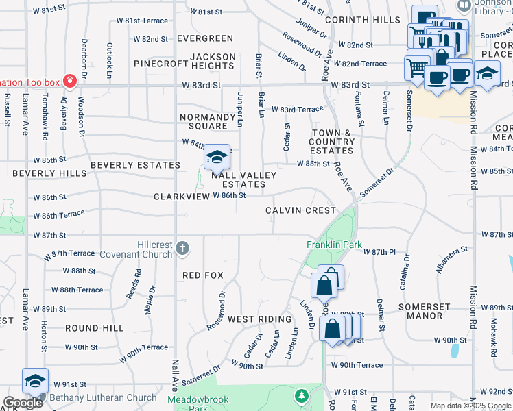 map of restaurants, bars, coffee shops, grocery stores, and more near 5001 West 86th Street in Prairie Village