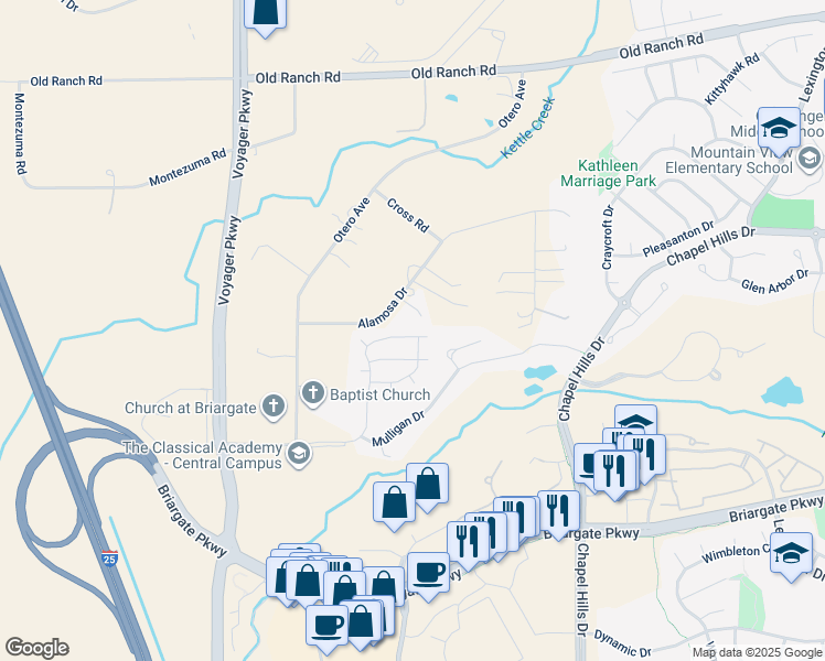 map of restaurants, bars, coffee shops, grocery stores, and more near 2070 Springcrest Road in Colorado Springs