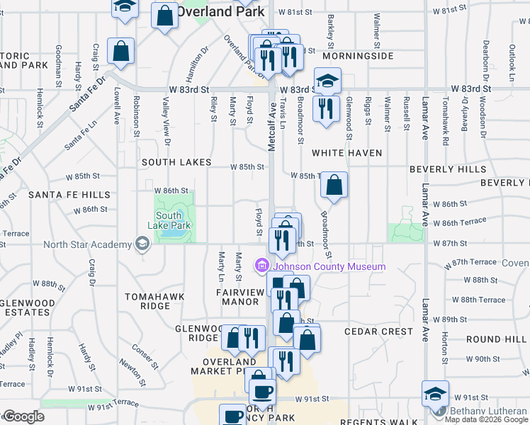 map of restaurants, bars, coffee shops, grocery stores, and more near 8603 Floyd Street in Overland Park