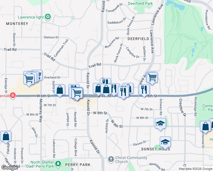 map of restaurants, bars, coffee shops, grocery stores, and more near 3320 Mesa Way in Lawrence