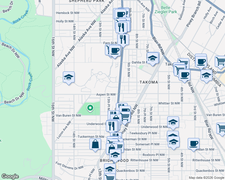 map of restaurants, bars, coffee shops, grocery stores, and more near 6851 Cameron Drive Northwest in Washington