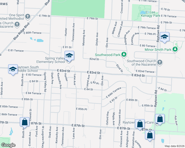 map of restaurants, bars, coffee shops, grocery stores, and more near 9105 East 83rd Street in Raytown