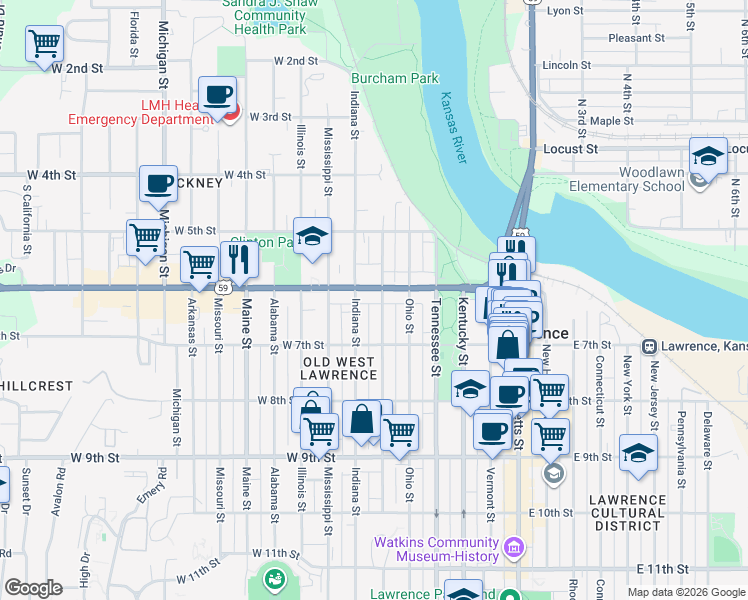 map of restaurants, bars, coffee shops, grocery stores, and more near 613 W 6th St in Lawrence