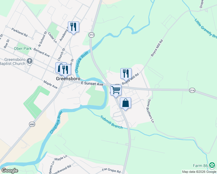 map of restaurants, bars, coffee shops, grocery stores, and more near 13306 Greensboro Road in Greensboro