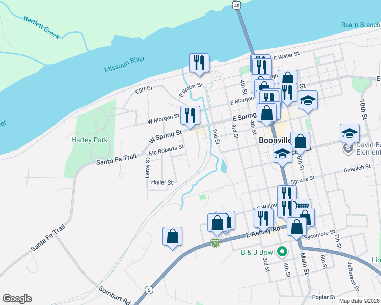 map of restaurants, bars, coffee shops, grocery stores, and more near 505-699 West St in Boonville