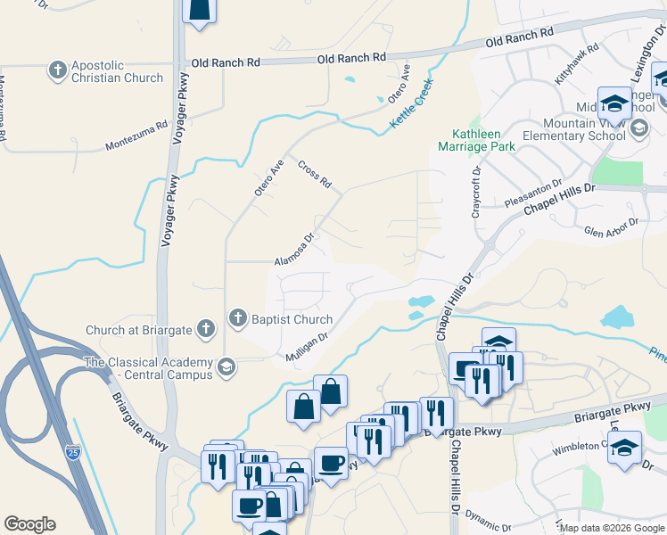 map of restaurants, bars, coffee shops, grocery stores, and more near 2130 Springcrest Road in Colorado Springs