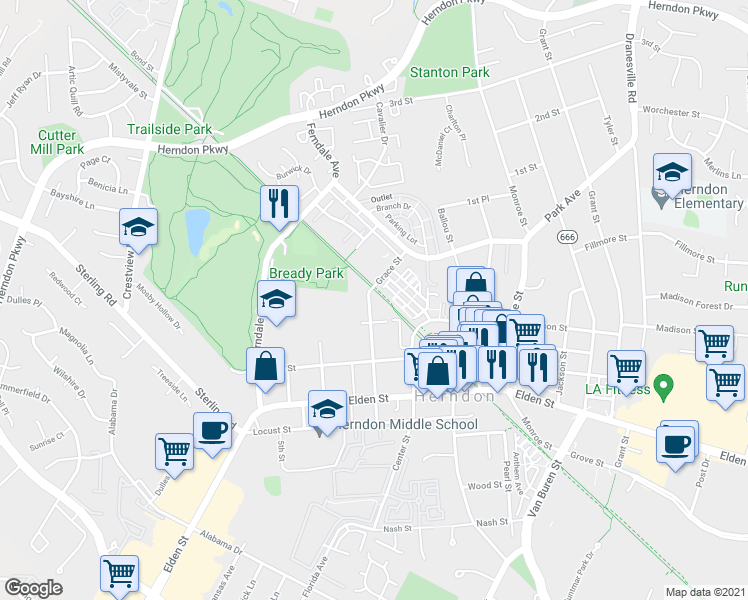 map of restaurants, bars, coffee shops, grocery stores, and more near 764 Grace Street in Herndon