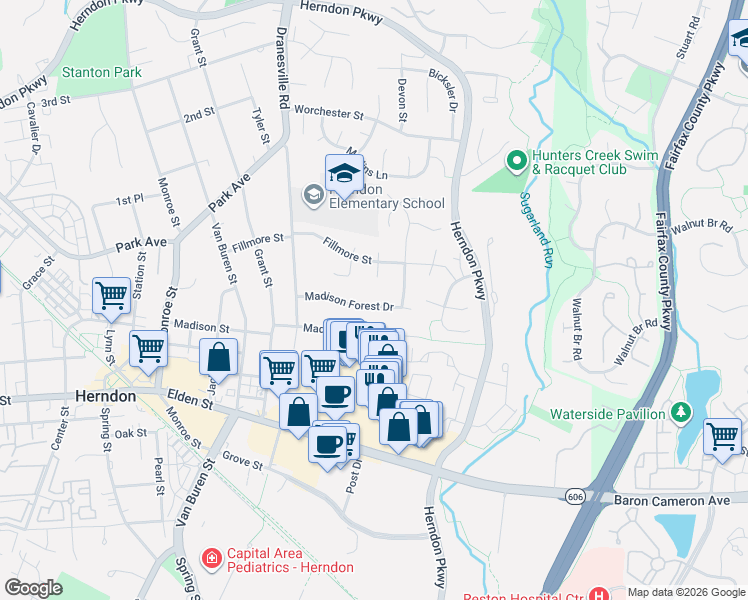 map of restaurants, bars, coffee shops, grocery stores, and more near 416 Madison Forest Drive in Herndon