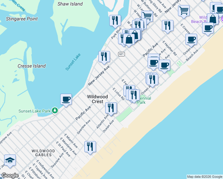 map of restaurants, bars, coffee shops, grocery stores, and more near 6900 Pacific Avenue in Wildwood Crest