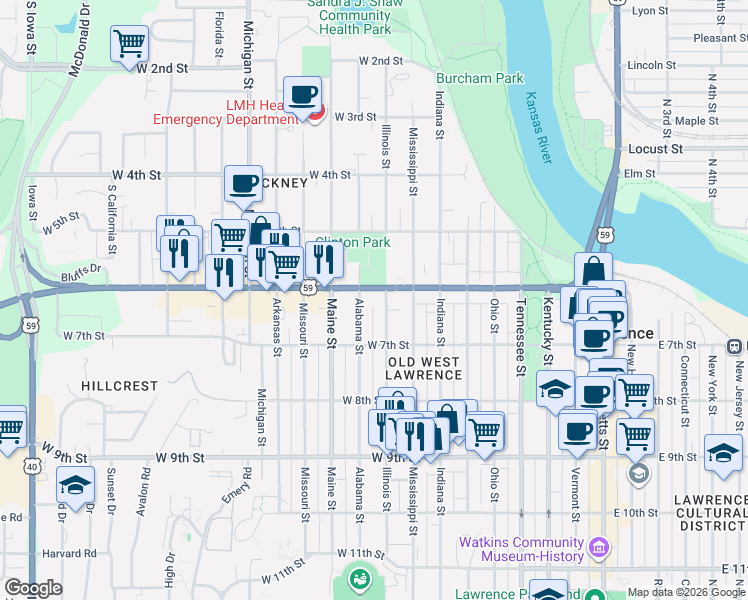 map of restaurants, bars, coffee shops, grocery stores, and more near 907 West 6th Street in Lawrence