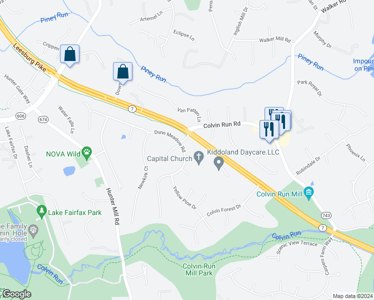 map of restaurants, bars, coffee shops, grocery stores, and more near 10334 Dunn Meadow Road in Vienna