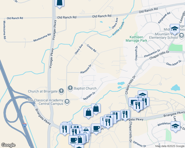 map of restaurants, bars, coffee shops, grocery stores, and more near 2070 Springcrest Road in Colorado Springs