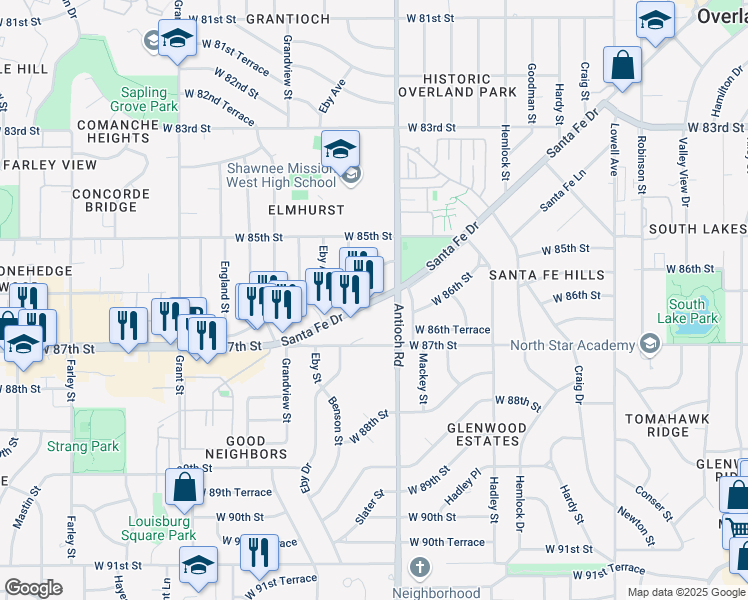 map of restaurants, bars, coffee shops, grocery stores, and more near 8726 Santa Fe Dr in Overland Park
