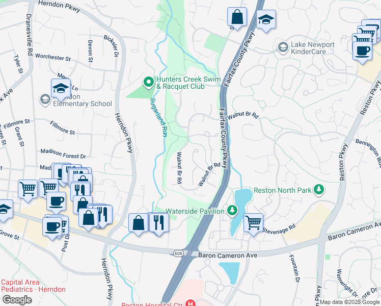 map of restaurants, bars, coffee shops, grocery stores, and more near 1630 Sierra Woods Drive in Reston