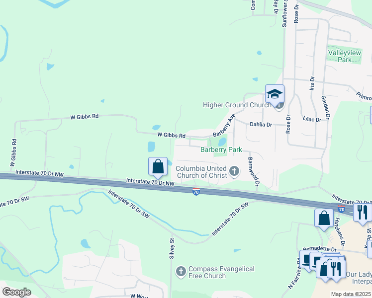 map of restaurants, bars, coffee shops, grocery stores, and more near 3602 Zinnia Drive in Columbia