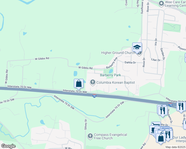 map of restaurants, bars, coffee shops, grocery stores, and more near 3509 Zinnia Drive in Columbia