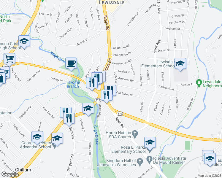 map of restaurants, bars, coffee shops, grocery stores, and more near 6805 Riggs Manor Drive in Hyattsville