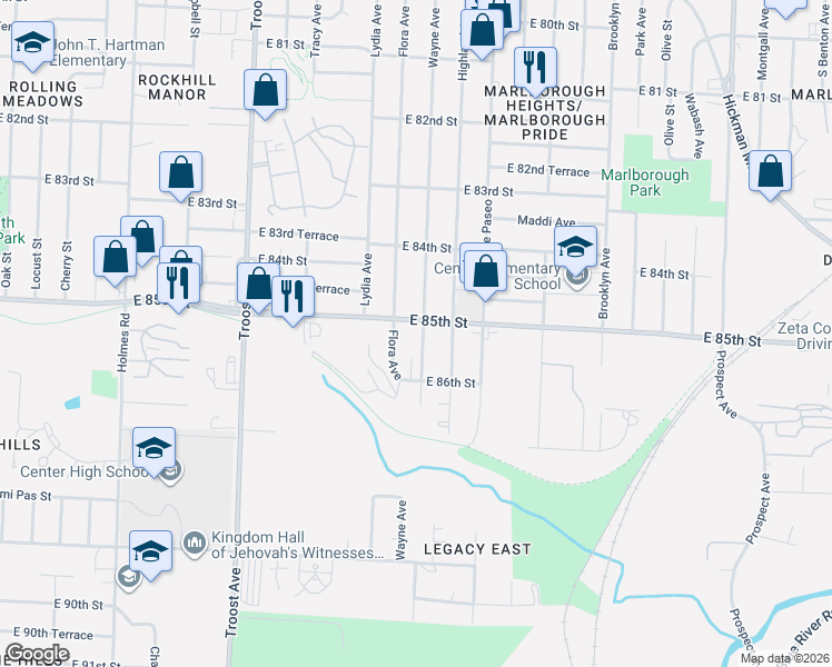map of restaurants, bars, coffee shops, grocery stores, and more near 8508 Wayne Avenue in Kansas City