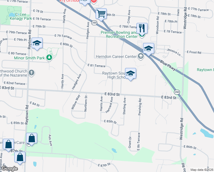 map of restaurants, bars, coffee shops, grocery stores, and more near 8216 Harris Avenue in Raytown
