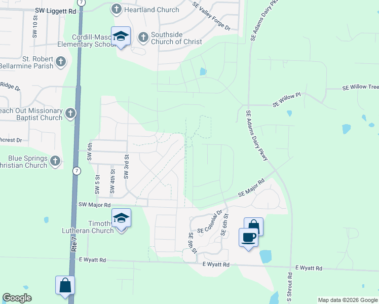 map of restaurants, bars, coffee shops, grocery stores, and more near 7905 Missouri 7 in Blue Springs