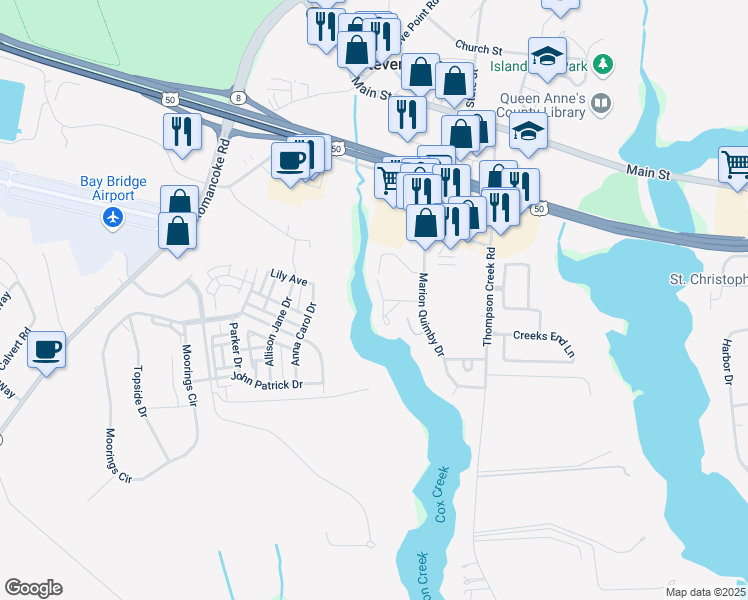 map of restaurants, bars, coffee shops, grocery stores, and more near 1202 Marion Quimby Drive in Stevensville