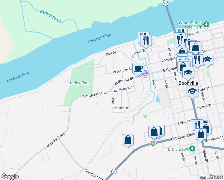 map of restaurants, bars, coffee shops, grocery stores, and more near 313 Mc Roberts Street in Boonville