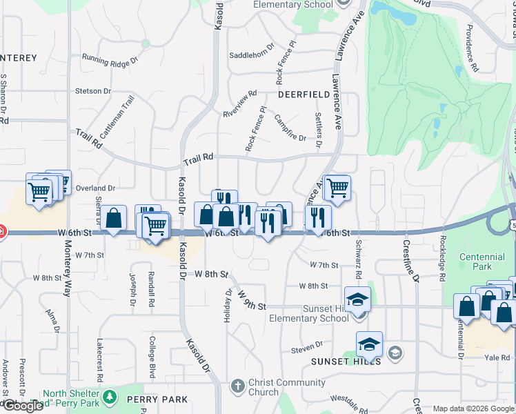 map of restaurants, bars, coffee shops, grocery stores, and more near 3220 Mesa Way in Lawrence