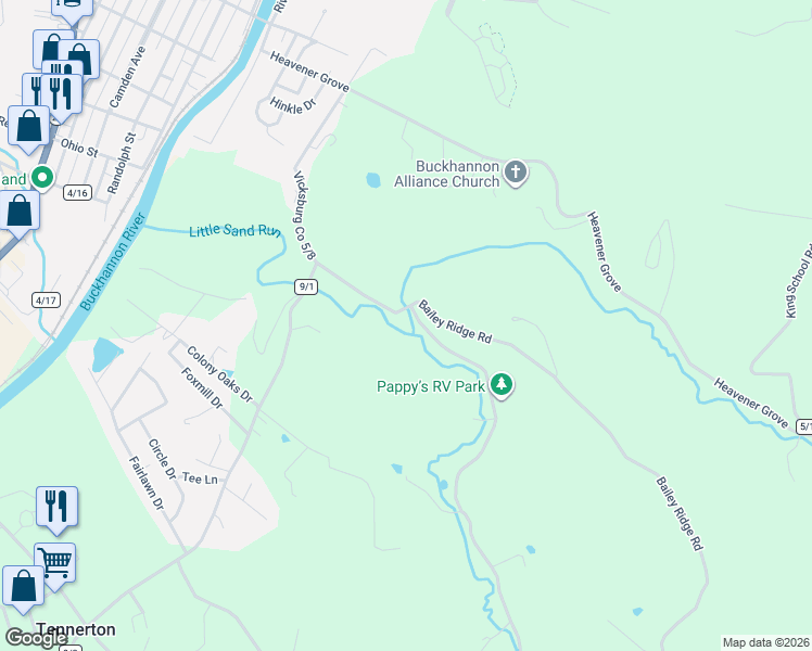 map of restaurants, bars, coffee shops, grocery stores, and more near 846 Little Sand Run Road in Buckhannon