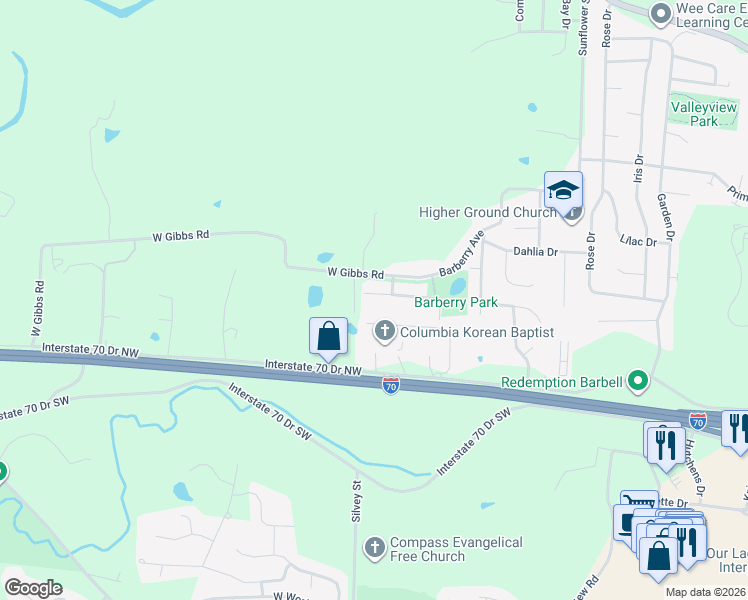 map of restaurants, bars, coffee shops, grocery stores, and more near 3614 Zinnia Drive in Columbia