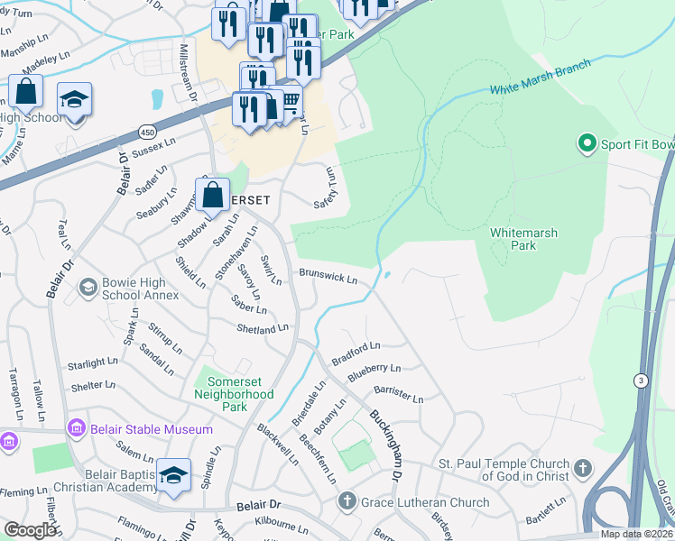 map of restaurants, bars, coffee shops, grocery stores, and more near 12614 Brunswick Lane in Bowie