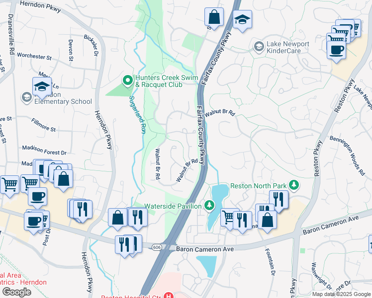 map of restaurants, bars, coffee shops, grocery stores, and more near 1628 Purple Sage Drive in Reston