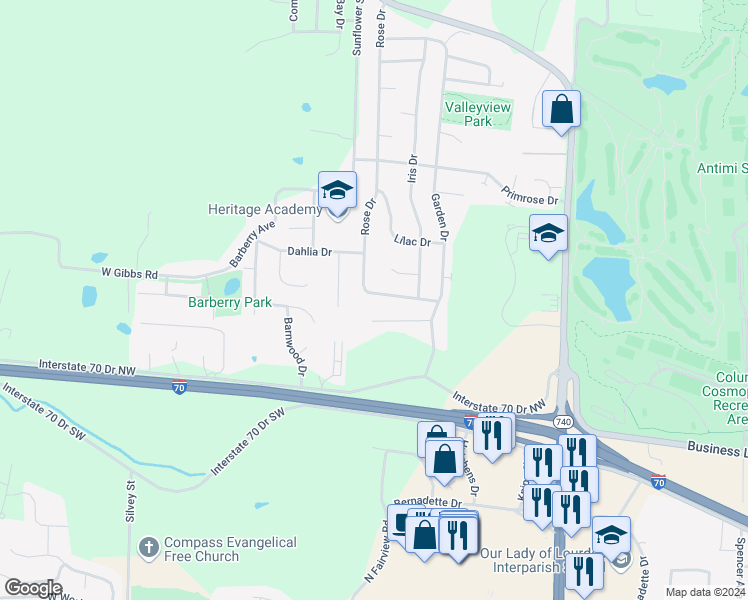 map of restaurants, bars, coffee shops, grocery stores, and more near 2610 Morning Glory Drive in Columbia