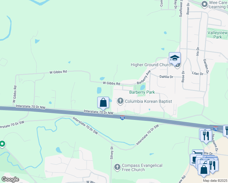 map of restaurants, bars, coffee shops, grocery stores, and more near 3614 Zinnia Drive in Columbia