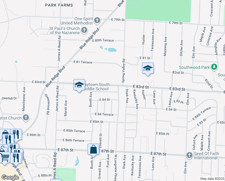 map of restaurants, bars, coffee shops, grocery stores, and more near 8711 East 83rd Street in Raytown