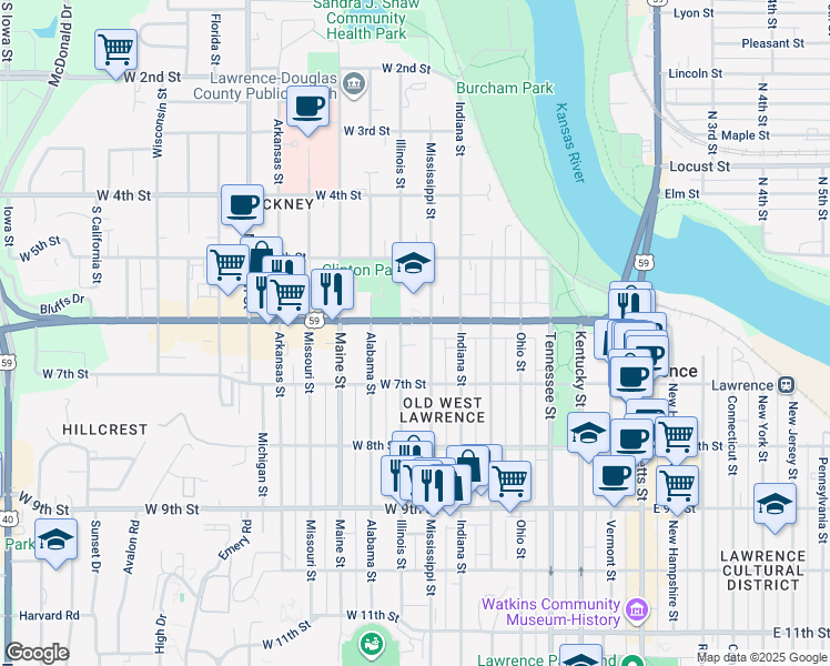 map of restaurants, bars, coffee shops, grocery stores, and more near 612-640 Mississippi Street in Lawrence