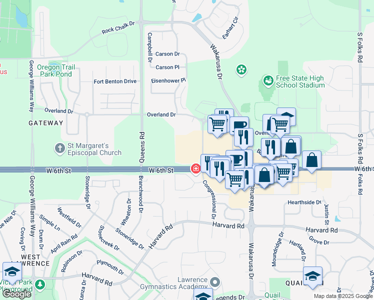map of restaurants, bars, coffee shops, grocery stores, and more near 525 Congressional Drive in Lawrence