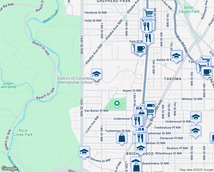 map of restaurants, bars, coffee shops, grocery stores, and more near 1395 Aspen Street Northwest in Washington
