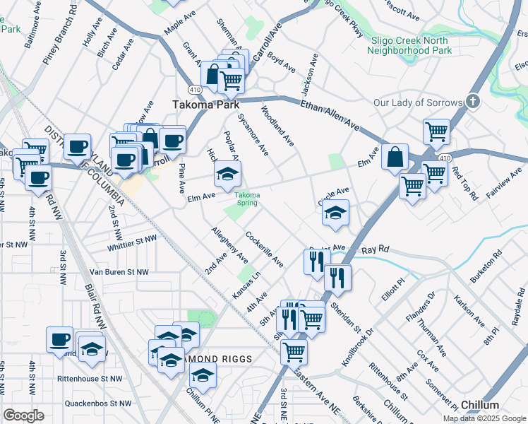 map of restaurants, bars, coffee shops, grocery stores, and more near 6718 Poplar Avenue in Takoma Park