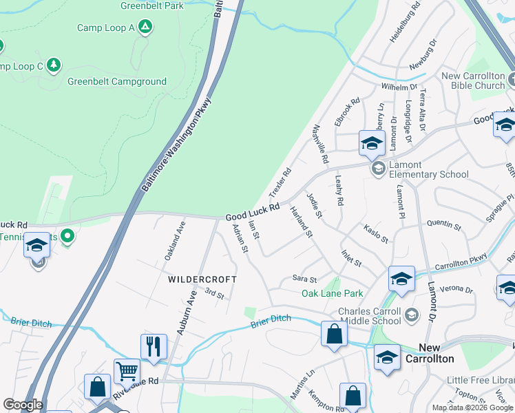 map of restaurants, bars, coffee shops, grocery stores, and more near 6700 Good Luck Road in Lanham