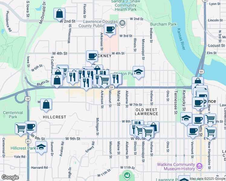 map of restaurants, bars, coffee shops, grocery stores, and more near 1107 West 6th Street in Lawrence
