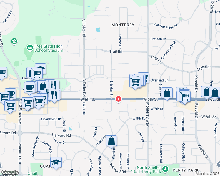 map of restaurants, bars, coffee shops, grocery stores, and more near 523 Eldridge Street in Lawrence