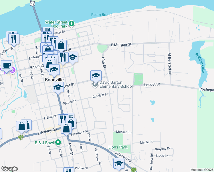map of restaurants, bars, coffee shops, grocery stores, and more near 918 Ravenel in Boonville