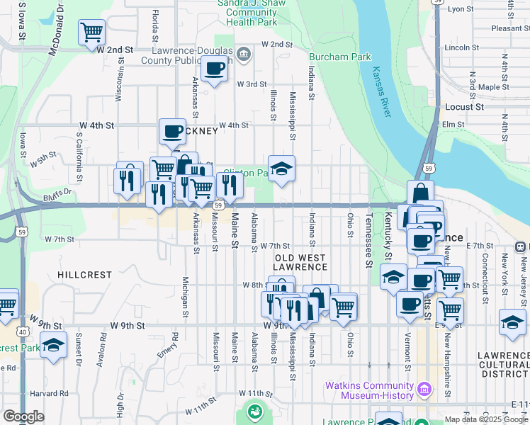 map of restaurants, bars, coffee shops, grocery stores, and more near 909 West 6th Street in Lawrence