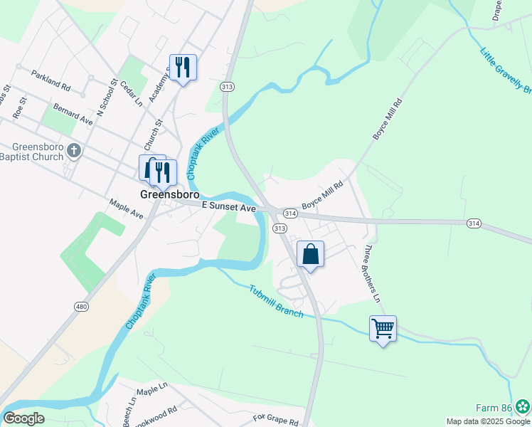 map of restaurants, bars, coffee shops, grocery stores, and more near 13306 Greensboro Road in Greensboro