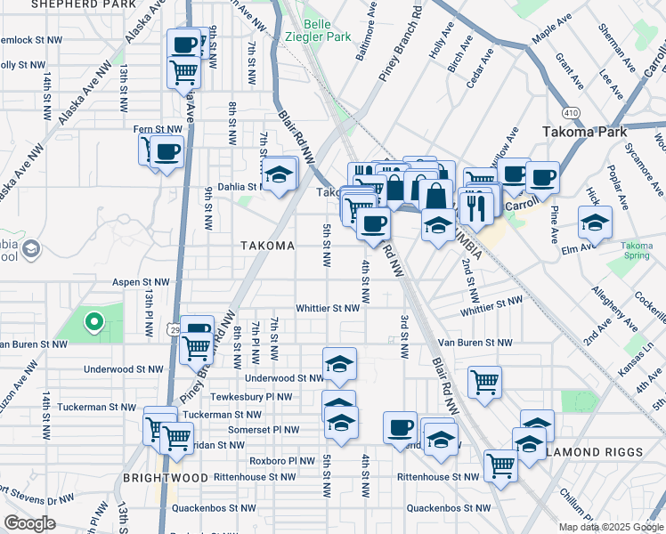 map of restaurants, bars, coffee shops, grocery stores, and more near 6805 5th Street Northwest in Washington