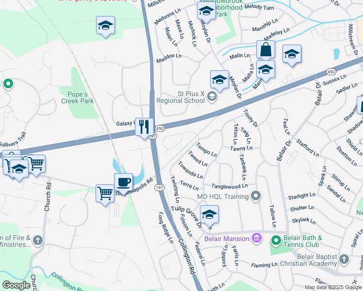 map of restaurants, bars, coffee shops, grocery stores, and more near 12043 Twin Cedar Lane in Bowie