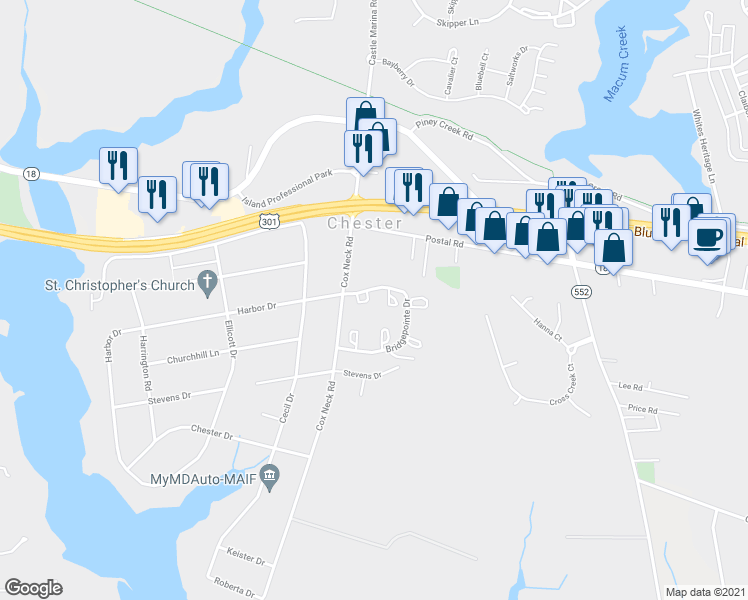 map of restaurants, bars, coffee shops, grocery stores, and more near 2012 Bridgepointe Drive in Chester