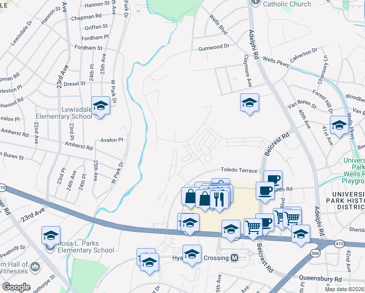 map of restaurants, bars, coffee shops, grocery stores, and more near 6723 Dean Drive in Chillum