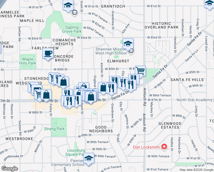 map of restaurants, bars, coffee shops, grocery stores, and more near 8600 Grandview Lane in Overland Park
