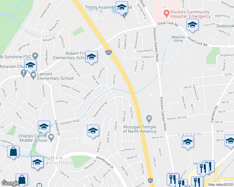 map of restaurants, bars, coffee shops, grocery stores, and more near 6243 87th Avenue in New Carrollton